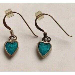 Vintage Signed Shube's 925 Sterling Silver Turquoise Chip Heart Pierced Earrings